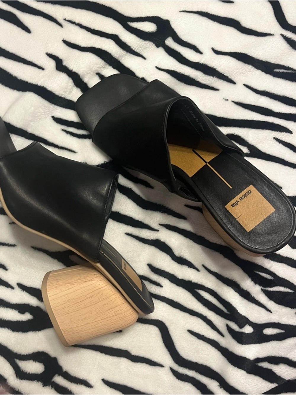 Dolce Vita Black Leather Slide Mules with Sculpted Wood Block Heel